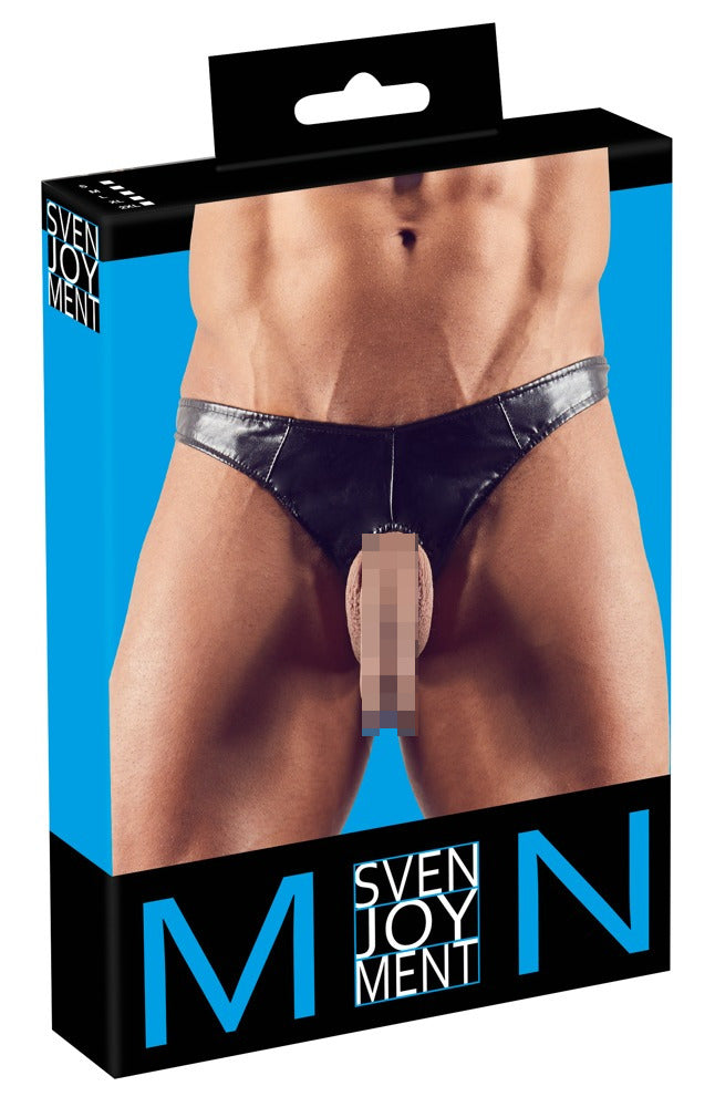 Svenjoyment Herren-String Schwarz mit offener Front aus Lederimitat