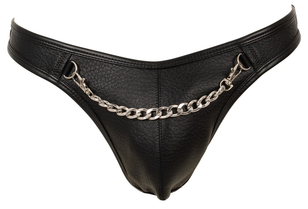 Svenjoyment Herren-String Schwarz aus Lederimitat mit Kette