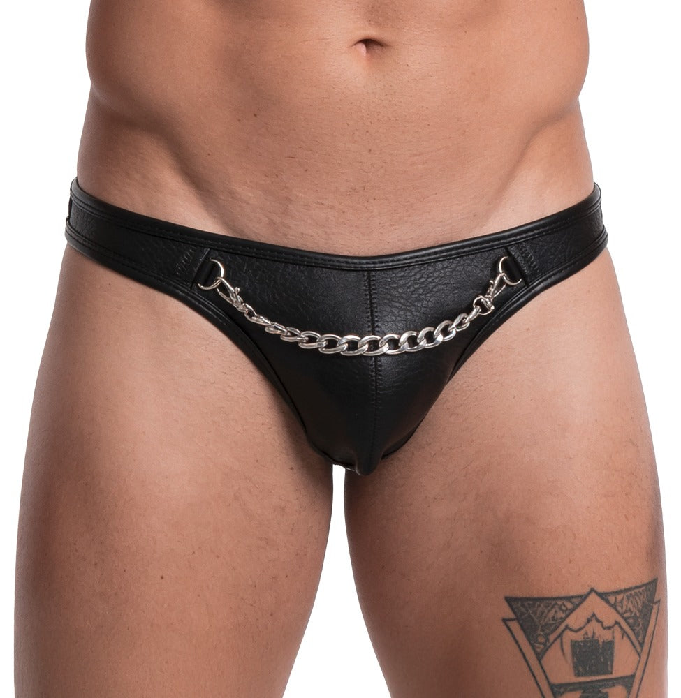 Svenjoyment Herren-String Schwarz aus Lederimitat mit Kette