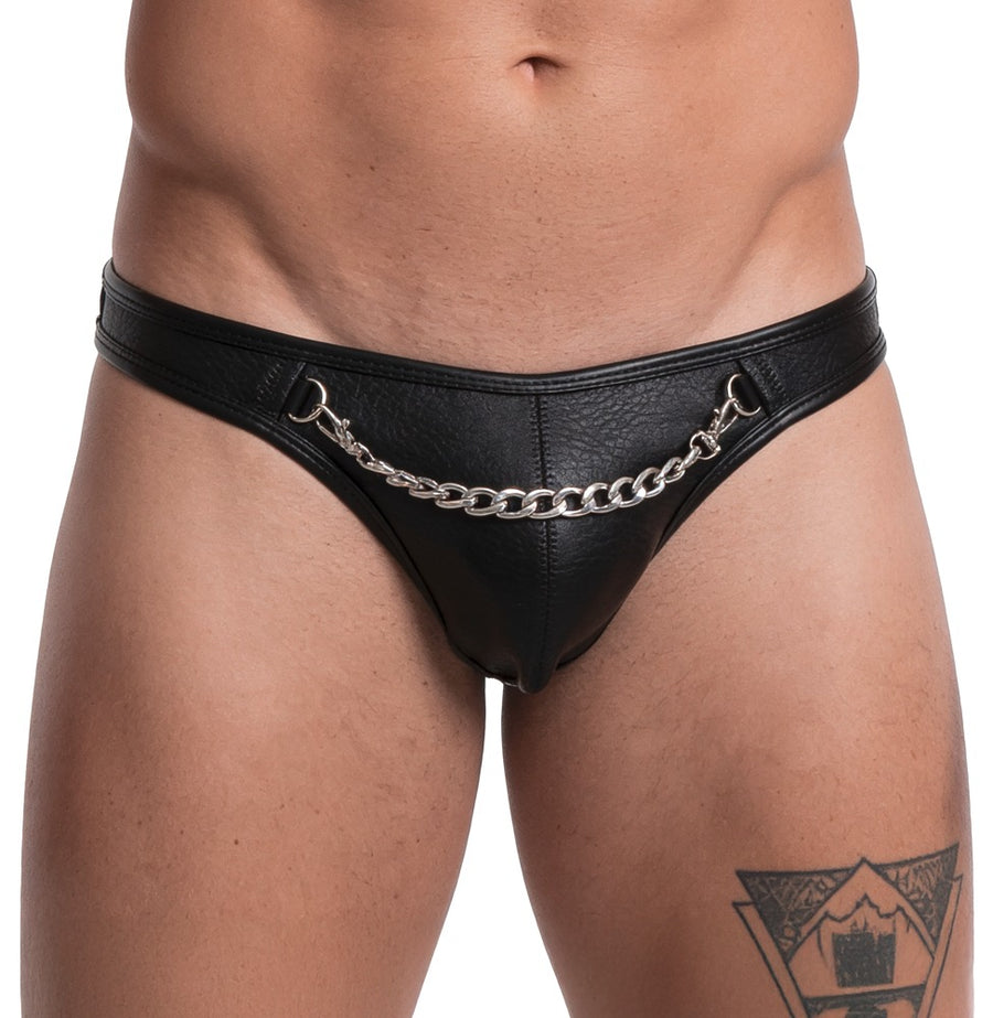 Svenjoyment Herren-String Schwarz aus Lederimitat mit Kette