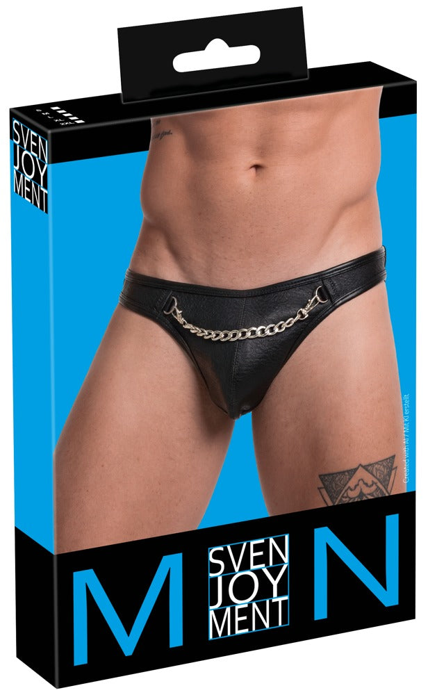 Svenjoyment Herren-String Schwarz aus Lederimitat mit Kette