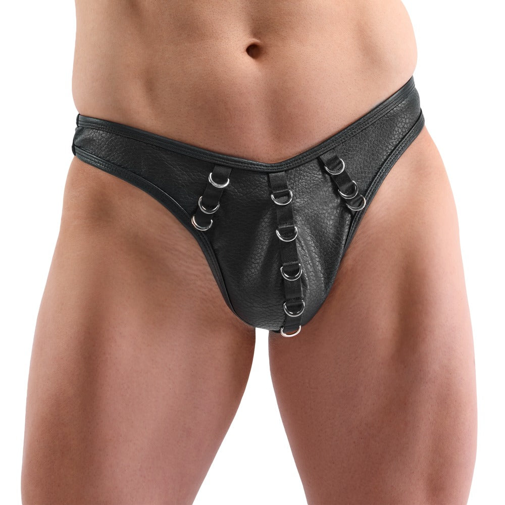 Svenjoyment Herren-String Schwarz mit Metallringen in Piercing-Optik