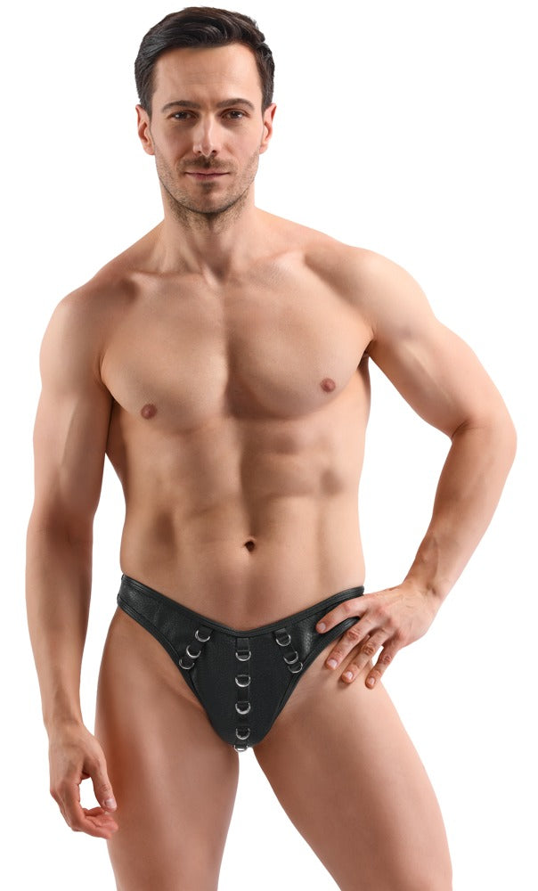 Svenjoyment Herren-String Schwarz mit Metallringen in Piercing-Optik