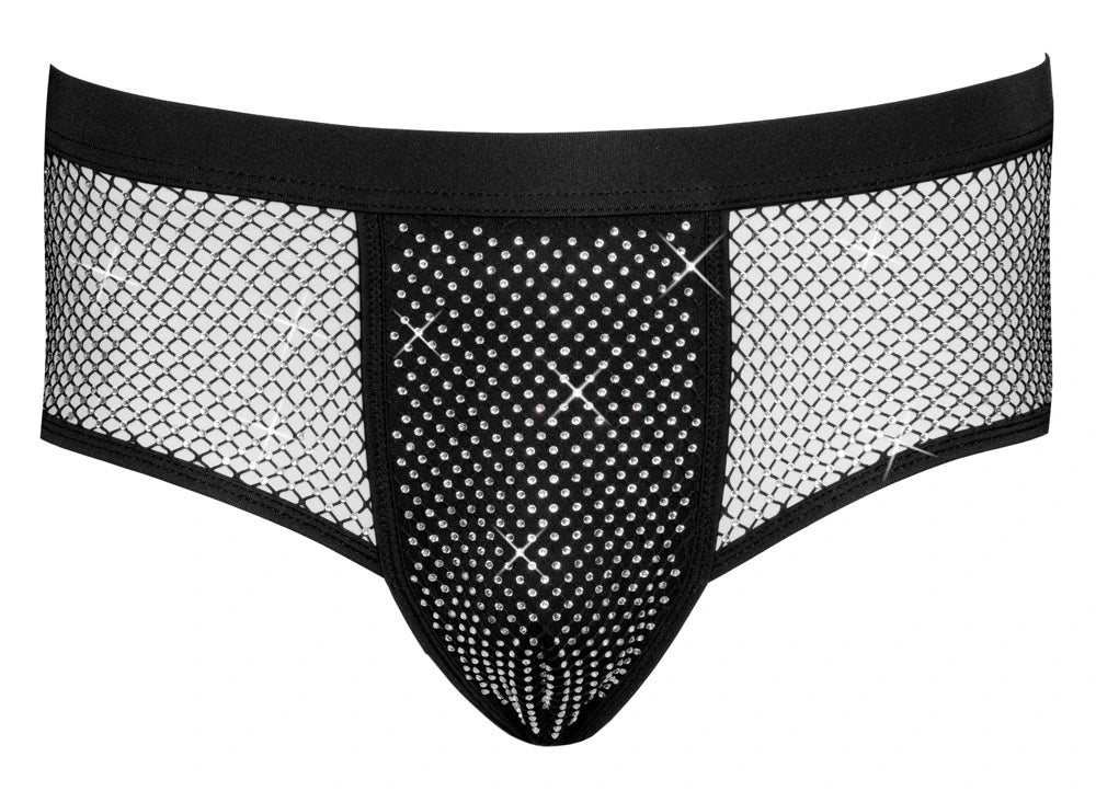 Svenjoyment Herren-Pants in Schwarz mit transparenten Netz-Einsätzen und funkelnden Strass-Applikationen, elastischer Bund