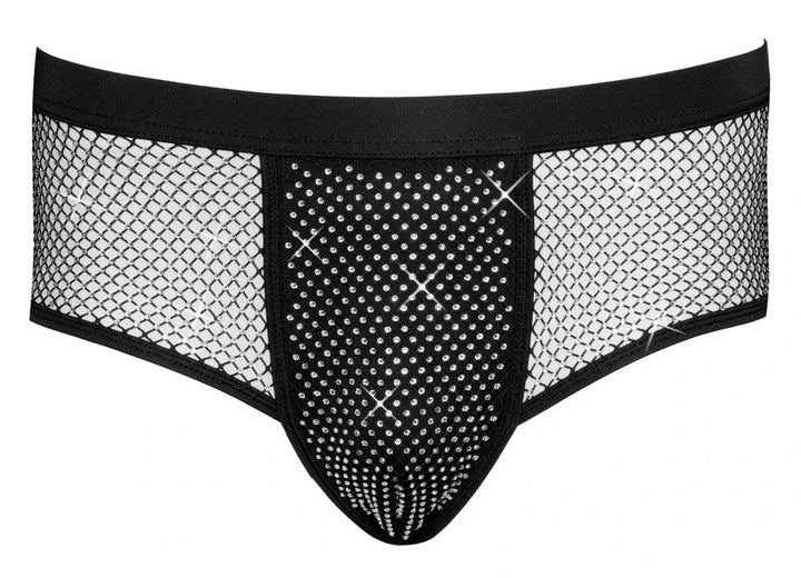 Svenjoyment Herren-Pants in Schwarz mit transparenten Netz-Einsätzen und funkelnden Strass-Applikationen, elastischer Bund