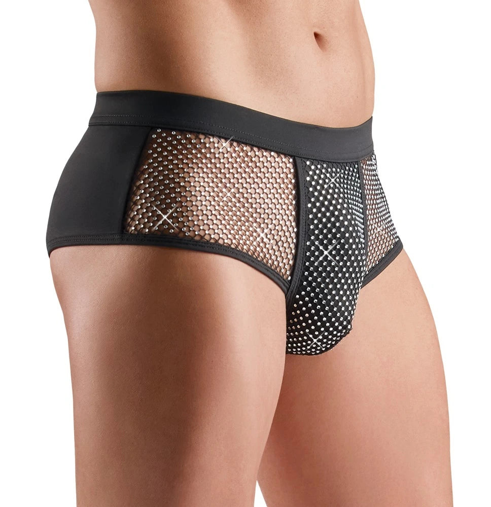 Svenjoyment Herren-Pants schwarz mit funkelnden Strasssteinen und transparenten Netz-Einsätzen, eleganter Hüftschnitt