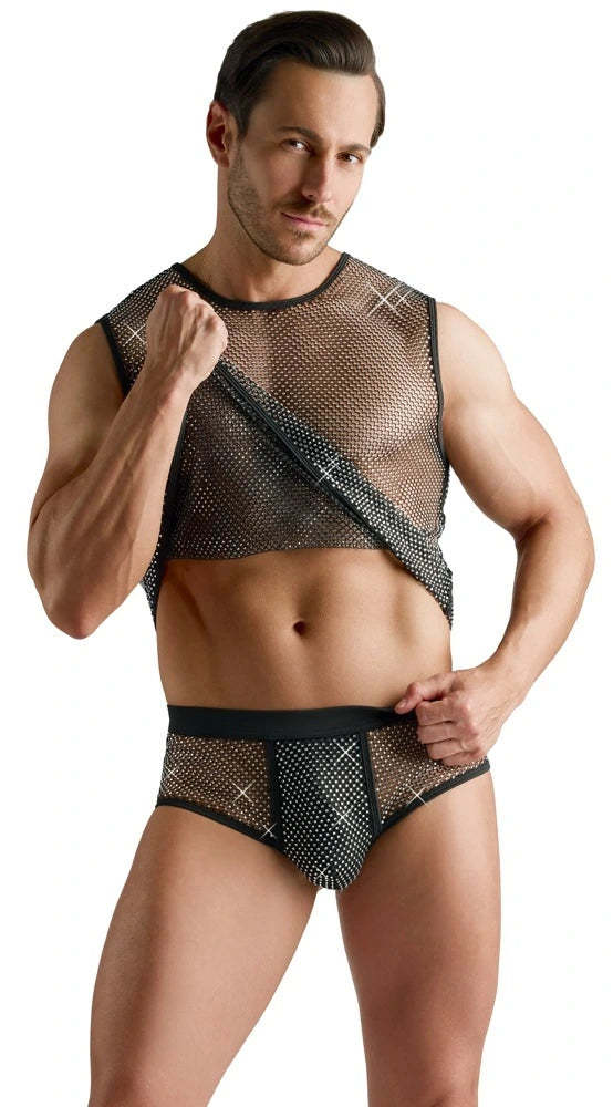 Svenjoyment Herren-Pants schwarz mit Glitzer-Netz, transparenter Slip und passendes Top, verführerisches Club-Set