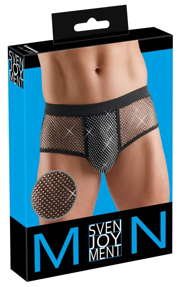 Svenjoyment Herren-Pants in Schwarz mit funkelnden Strass-Nieten und transparenten Netz-Einsätzen, elastischer Bund