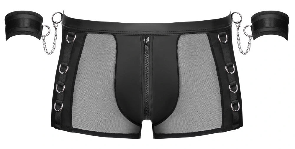 Svenjoyment Bondage Pants Herren schwarz – Mesh-Einsätze, Reißverschluss, D-Ringe, Handgelenk-Fesseln mit Ketten