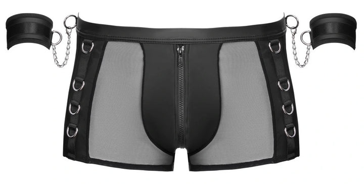 Svenjoyment Bondage Pants Herren schwarz – Mesh-Einsätze, Reißverschluss, D-Ringe, Handgelenk-Fesseln mit Ketten