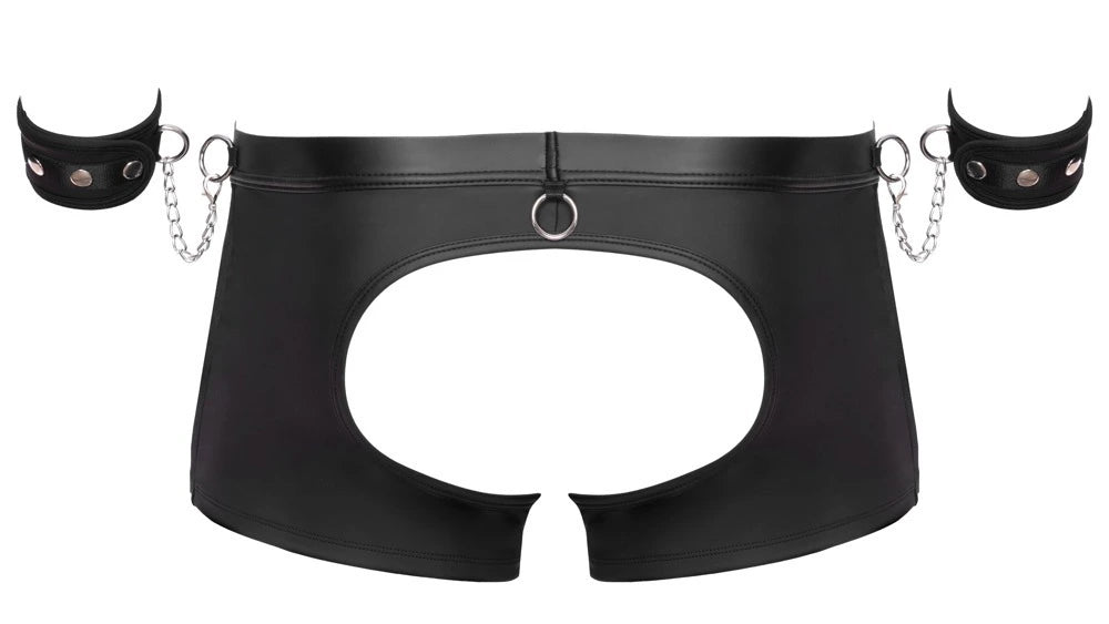 Svenjoyment Bondage Pants Herren schwarz, Po-frei, mattes Material, Metallring, Handfesseln mit Ketten
