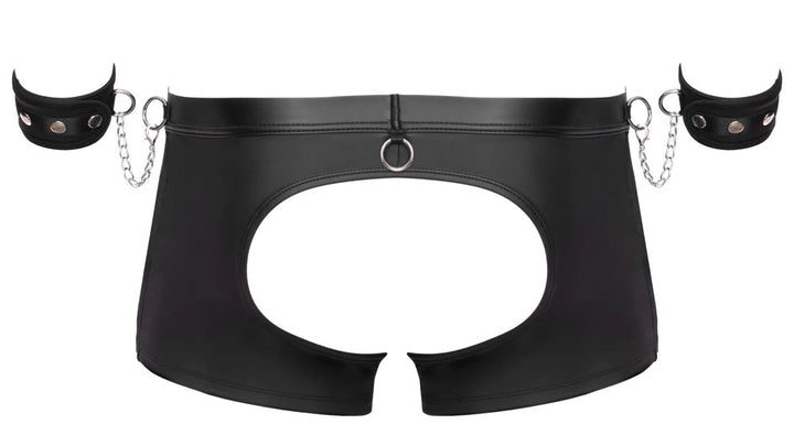Svenjoyment Bondage Pants Herren schwarz, Po-frei, mattes Material, Metallring, Handfesseln mit Ketten