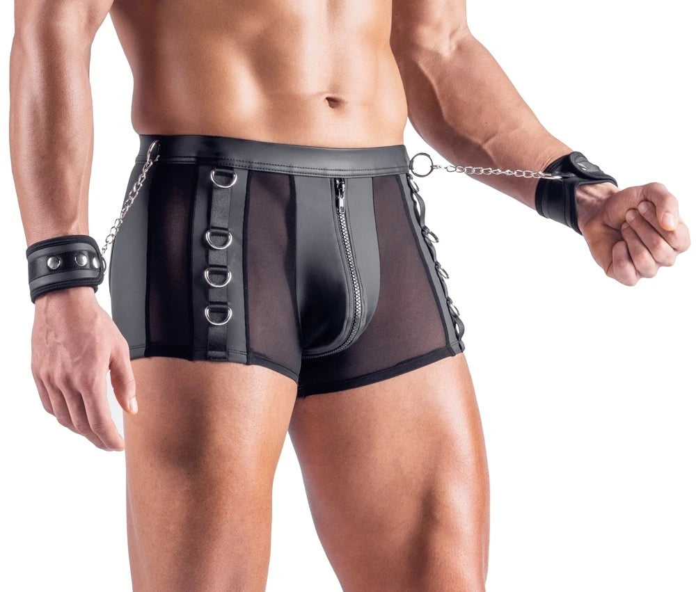 Svenjoyment Bondage Pants Herren schwarz Mesh mit Leder-Fesselmanschetten Zipper und D-Ringen Clubwear