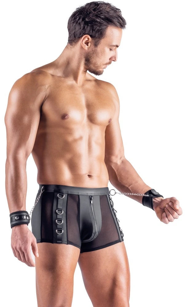 Svenjoyment Bondage Pants Herren schwarz, Mesh-Einsätze, D-Ringe, Reißverschluss, Handfessel mit Kette, Clubwear