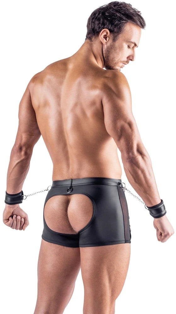 Svenjoyment Bondage Pants Herren schwarz, Po-freier Schnitt, Kunstleder-Optik mit Metallketten-Fesseln