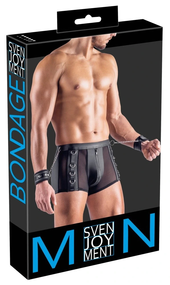 Svenjoyment Bondage Pants Herren schwarz, Mesh-Einsatz, Metallringe, Leder-Handfesseln mit Kette, Fetish-Dessous