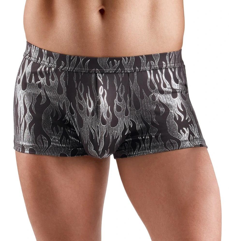 Svenjoyment Herren-Pants Mystic Metallic in Schwarz-Silber mit Flammenmuster, enganliegender Stretch-Schnitt, erotische Clubw