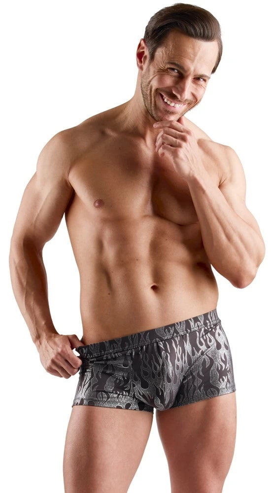 Svenjoyment Herren-Pants Mystic Metallic in Schwarz-Silber mit elegantem Flammenmuster, eng anliegender Boxer-Schnitt