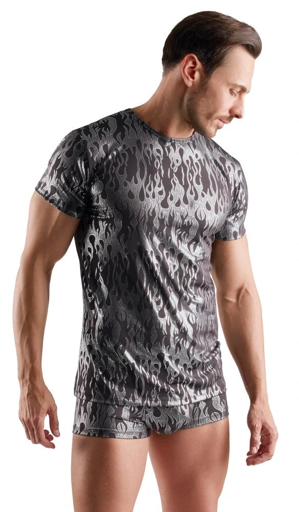 Svenjoyment Herren-Set Mystic Metallic in Schwarz-Silber – T-Shirt und Pants mit Flammen-Print, figurbetonter Schnitt