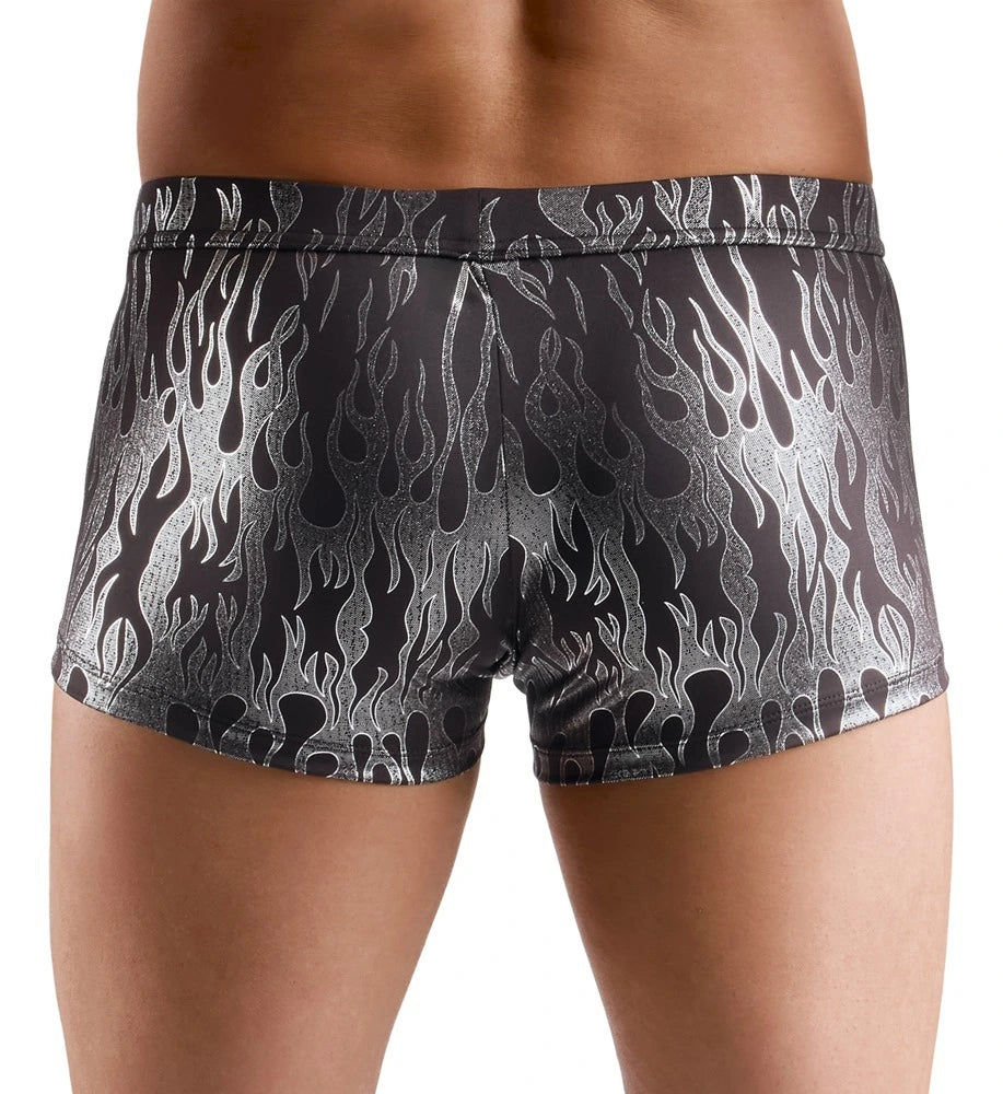 Svenjoyment Herren-Pants Mystic Metallic in Schwarz-Silber mit Flammen-Print, enganliegend, glänzendes Material, Rückansicht