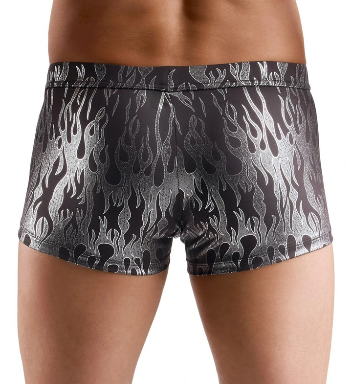 Svenjoyment Herren-Pants Mystic Metallic in Schwarz-Silber mit Flammen-Print, enganliegend, glänzendes Material, Rückansicht