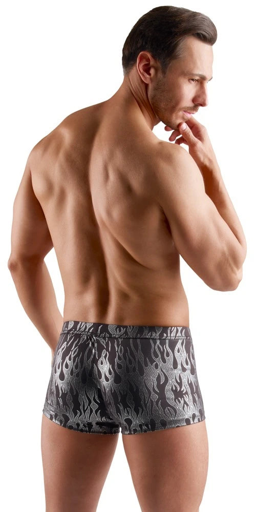 Svenjoyment Herren-Pants Mystic in Schwarz-Silber mit metallischem Flammen-Print, figurbetonter Boxer-Schnitt, Rückansicht