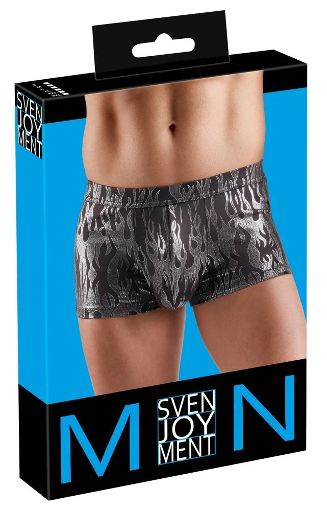 Svenjoyment Herren-Pants in Schwarz-Silber mit metallischem Flammen-Print, enganliegend, elastischer Bund, erotische Clubwear