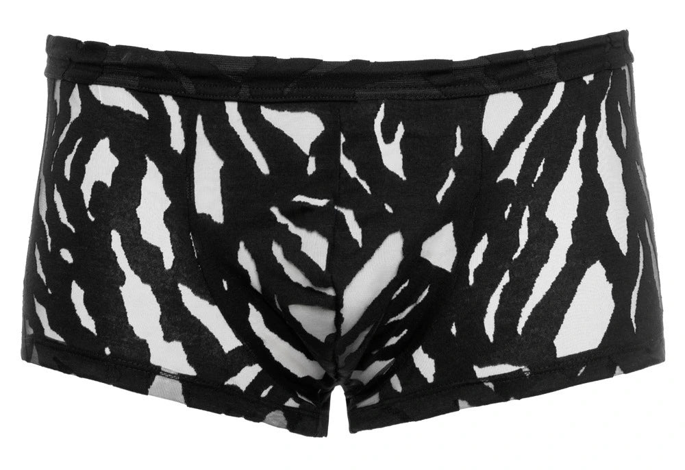 Svenjoyment Herren-Pants in Schwarz-Weiß Ausbrenner-Optik, Zebra-Print, kurzer Boxerschnitt, transparentes Mesh-Material
