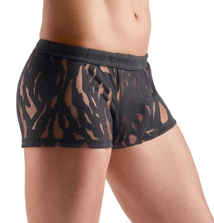 Svenjoyment Herren-Pants in Schwarz, transparenter Ausbrenner-Optik mit Tigerprint, körpernaher Boyshort-Schnitt