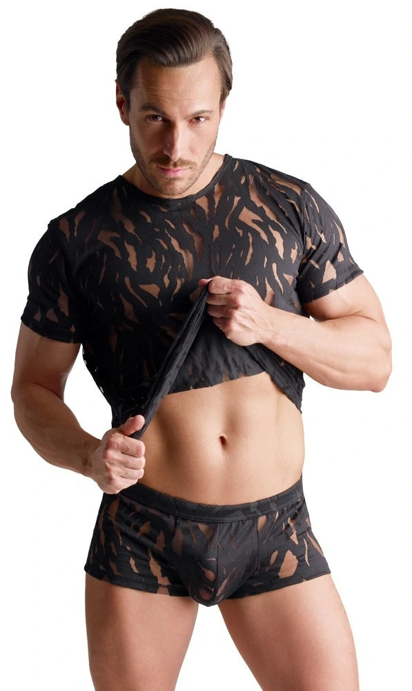 Svenjoyment Herren-Pants in schwarzer Ausbrenner-Optik – transparentes Mesh, figurbetonter Schnitt, erotische Clubwear
