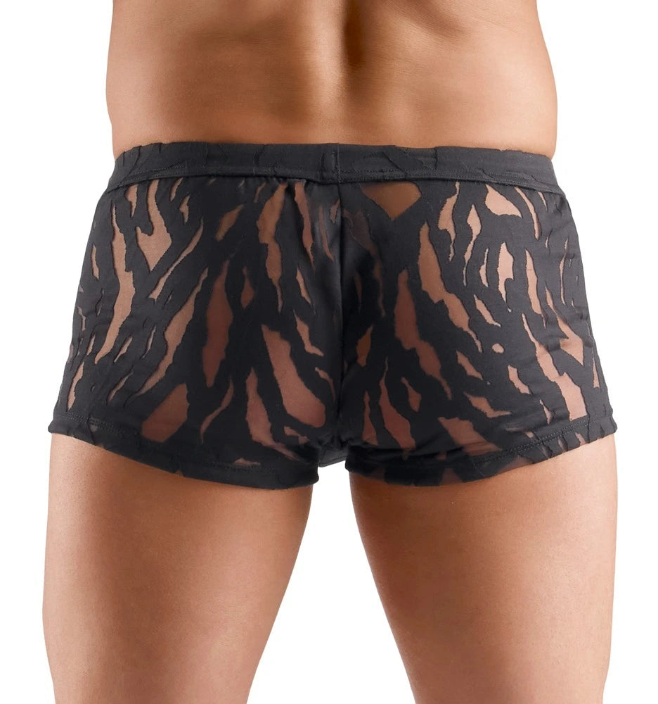 Svenjoyment Herren-Pants in Schwarz, transparente Ausbrenner-Optik mit Tigerprint, figurbetonter Boxer-Schnitt
