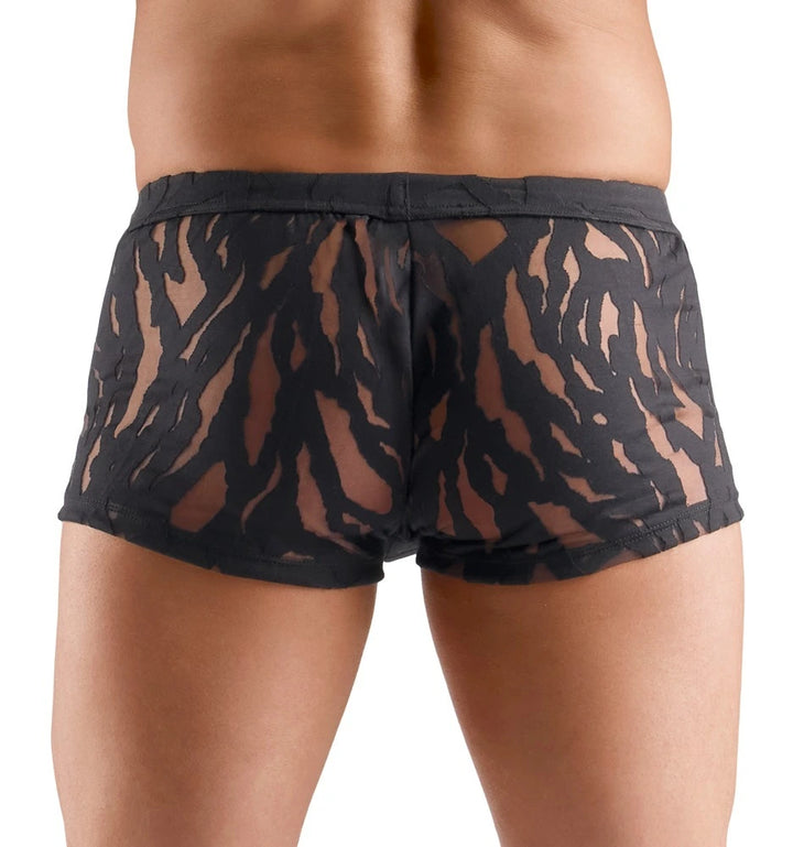 Svenjoyment Herren-Pants in Schwarz, transparente Ausbrenner-Optik mit Tigerprint, figurbetonter Boxer-Schnitt