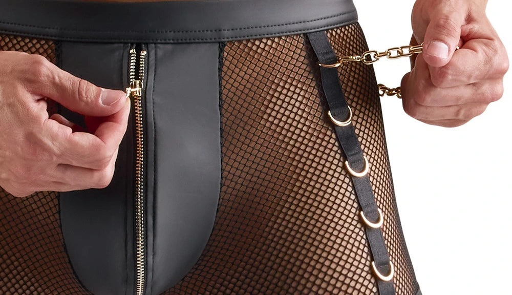 Svenjoyment Herren-Pants in Schwarz mit Netz, Wetlook, Frontreißverschluss und goldenen Ringen mit Kette