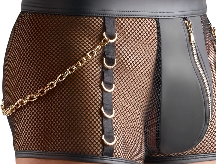 Svenjoyment Herren-Pants in Schwarz – Netz & Wetlook mit goldenen Ringen, Reißverschluss und Kettendetail