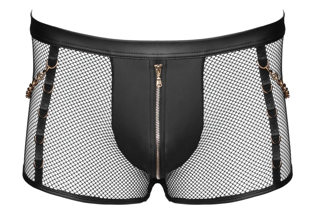 Svenjoyment Herren-Pants in Schwarz – Netz & Wetlook mit Goldreißverschluss, Lederriemen und goldenen Ringen