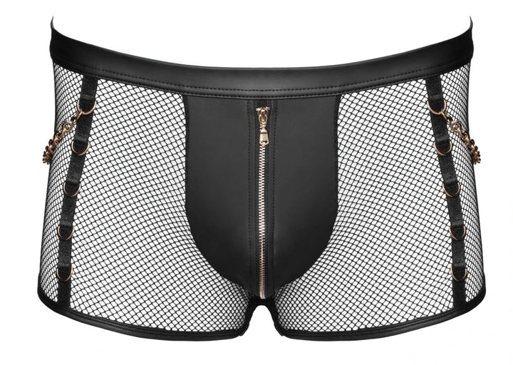 Svenjoyment Herren-Pants in Schwarz – Netz & Wetlook mit Goldreißverschluss, Lederriemen und goldenen Ringen