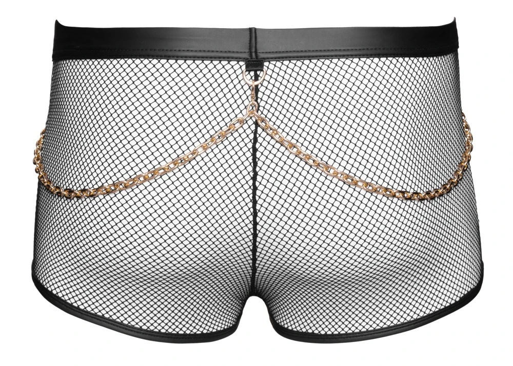 Svenjoyment Herren-Pants in Schwarz – Netzstoff mit Wetlook-Bund, goldenen Zierketten und Rücken-Reißverschluss