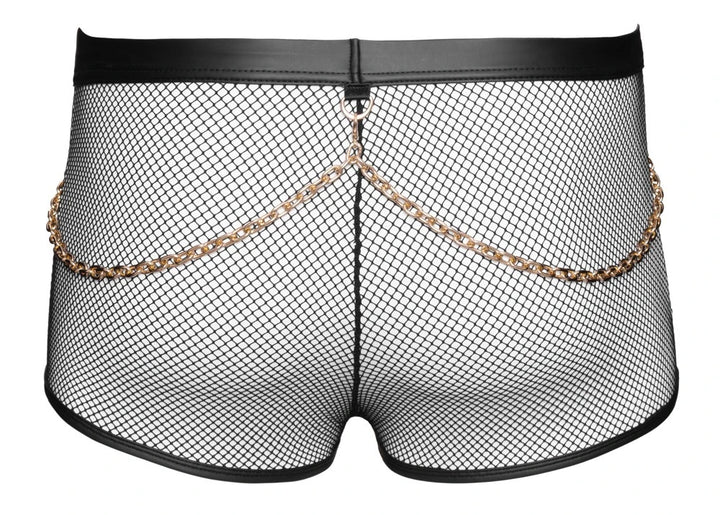 Svenjoyment Herren-Pants in Schwarz – Netzstoff mit Wetlook-Bund, goldenen Zierketten und Rücken-Reißverschluss