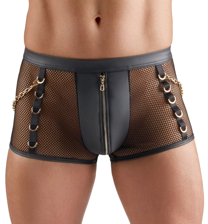Svenjoyment Herren-Pants in Schwarz-Gold – Netz & Wetlook mit Metallringen, Ketten und Frontzipper