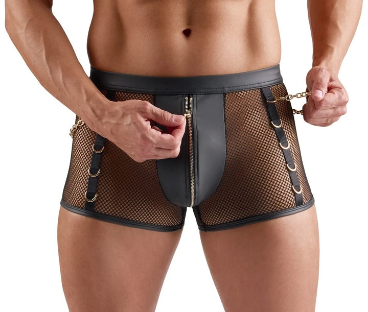 Svenjoyment Herren-Pants in Schwarz – Netz & Wetlook mit goldenen Ringen und Reißverschluss, eleganter Fetish-Stil