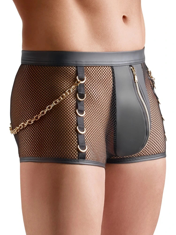 Svenjoyment Herren-Pants in Grau-Gold: Netzstoff, Wetlook-Einsätze, Metallringe und Zipper-Detail