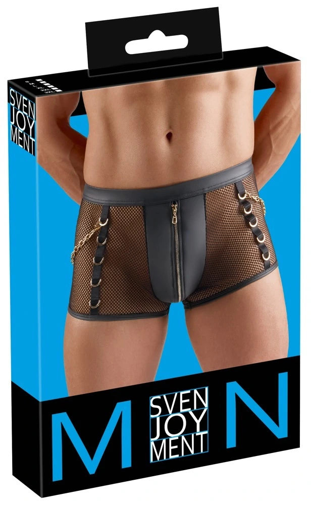 Svenjoyment Herren-Pants in Schwarz mit Netz-Einsätzen, Wetlook-Details, goldenen Ringen und Reißverschluss vorne