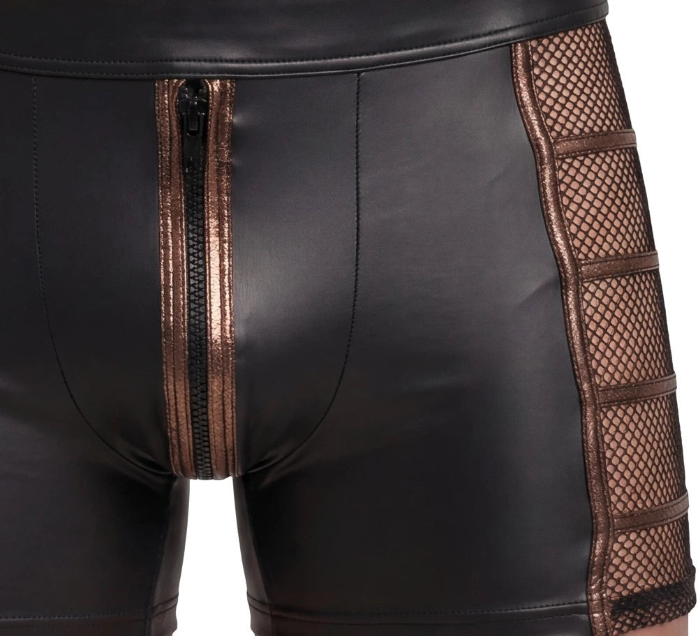 Detail des bronzefarbenen Frontreißverschlusses der NEK Wetlook-Pants