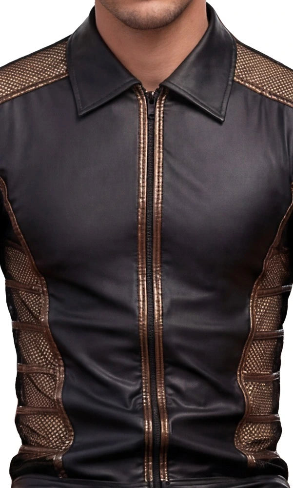 Detail von Kragen, Frontzipper und Bronze-Paspeln des NEK Herrenshirts