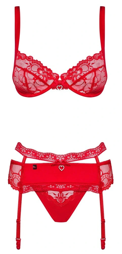 Obsessive Heartina Straps-Set Rot – 3-teiliges Dessous-Set mit BH, Strapsgürtel & Riostring