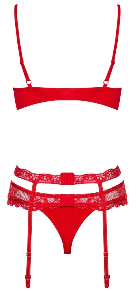 Obsessive Heartina Straps-Set Rot – 3-teiliges Dessous-Set mit BH, Strapsgürtel & Riostring