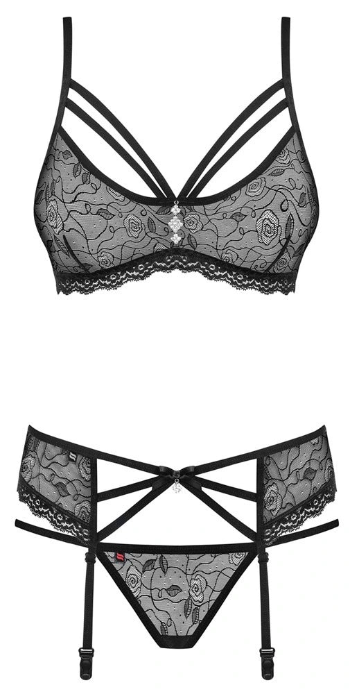Obsessive - 818 Straps-Set Schwarz – 3-teiliges Dessous-Set mit BH, Strapsgürtel & String