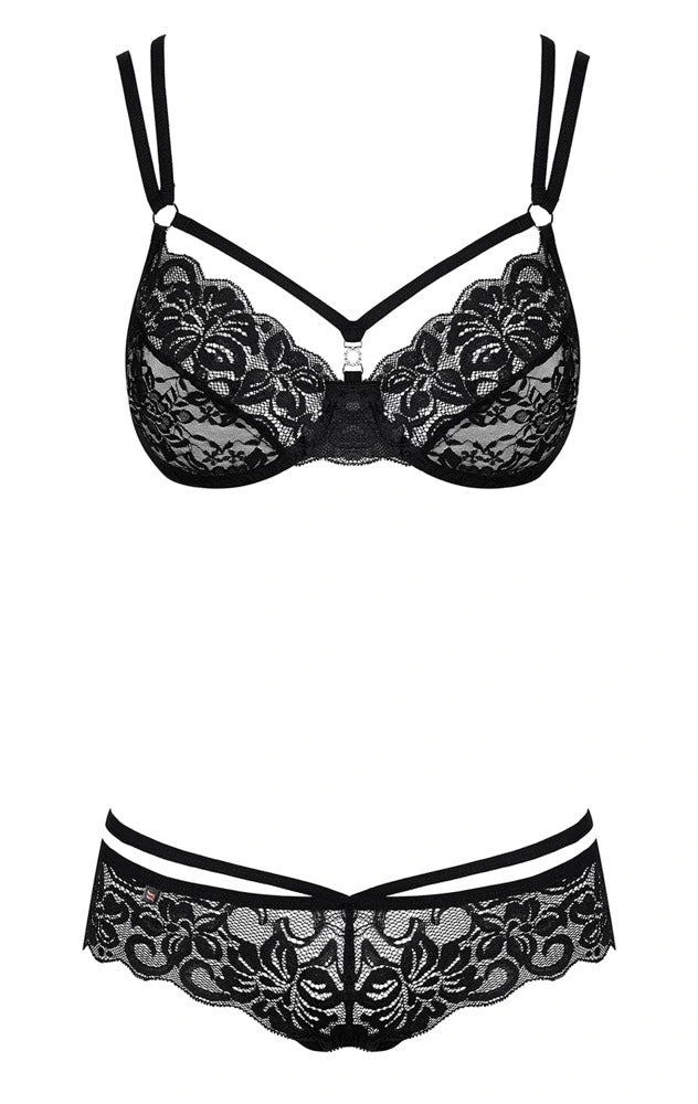 Obsessive - 860 Dessous-Set Schwarz – 2-teiliges BH-Set mit Spitze, Strass und gekreuzten Trägern