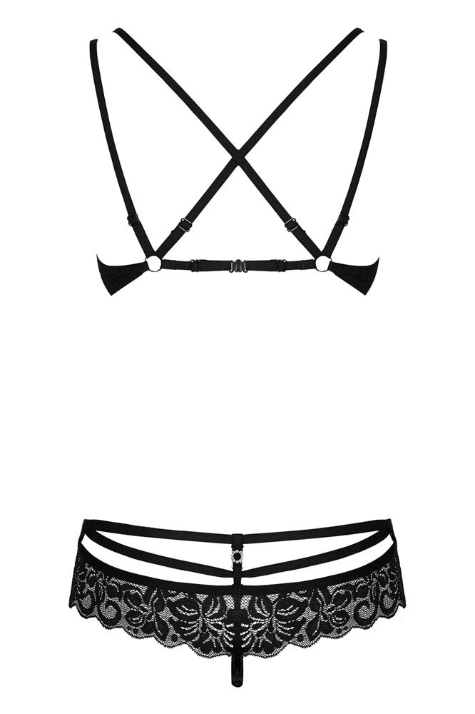 Obsessive - 860 Dessous-Set Schwarz – 2-teiliges BH-Set mit Spitze, Strass und gekreuzten Trägern