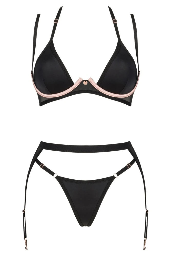 Obsessive Selinne 3-teiliges Straps-Set Schwarz mit Triangle-BH, Strapsgürtel & String, Rosegold-Details